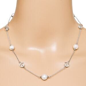Honora Cultured Pearl Necklace with Faceted Clear Crystals, Sterling Silver